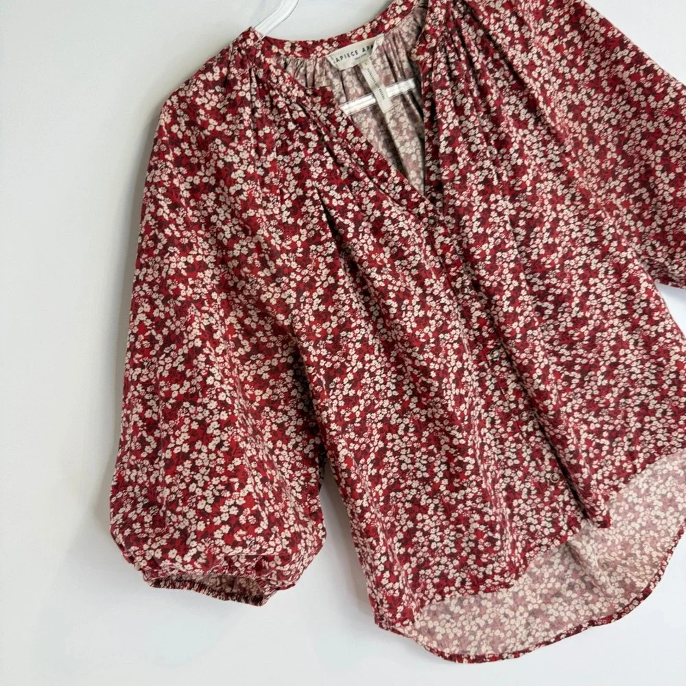 Apiece Apart Mitte Blouse Women S Red Floral Organic Cotton Puff Sleeve Top - Picture 5 of 11